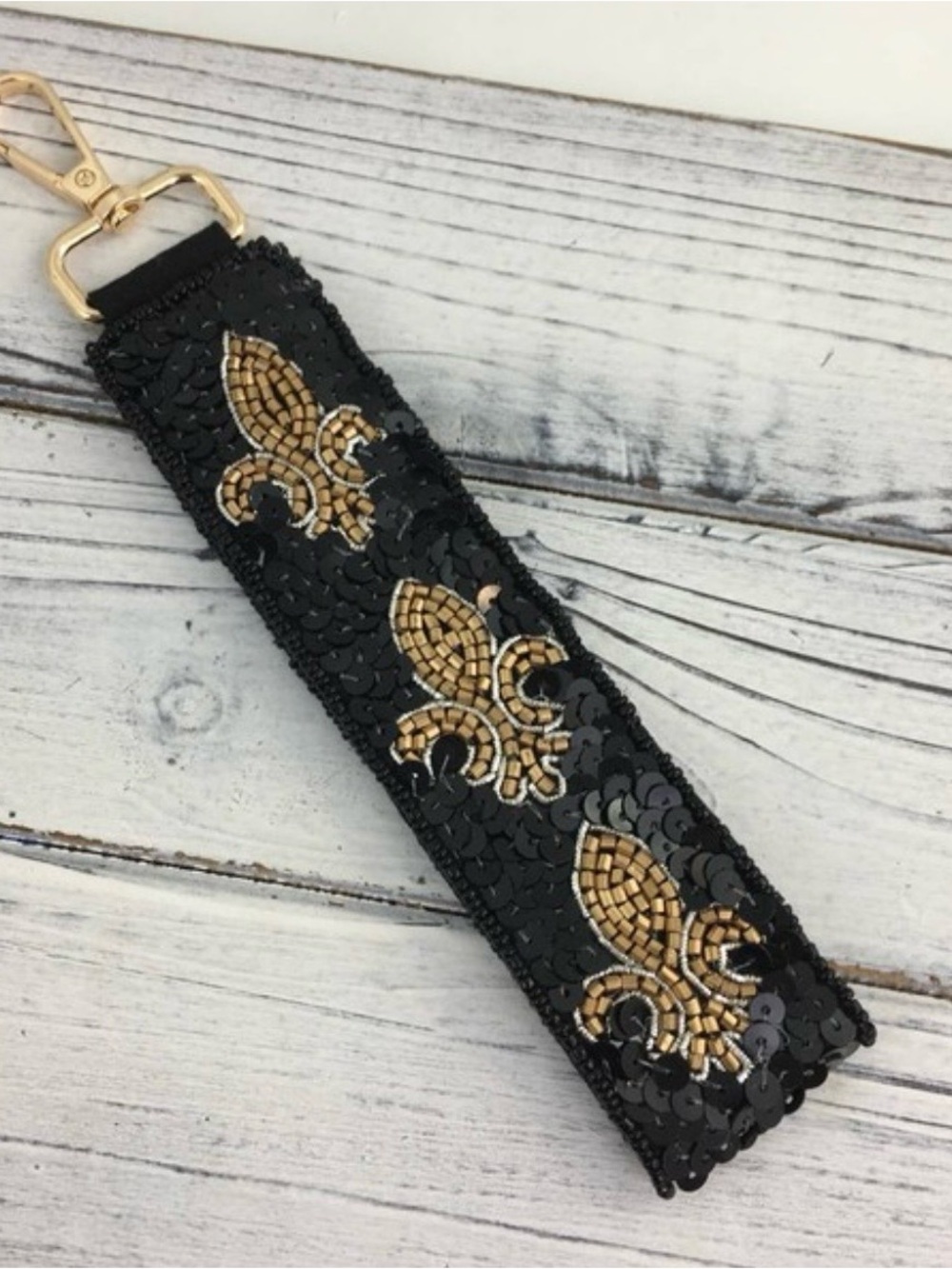Black and Gold Beaded Fleur-de-Lis Wristlet Key Fob